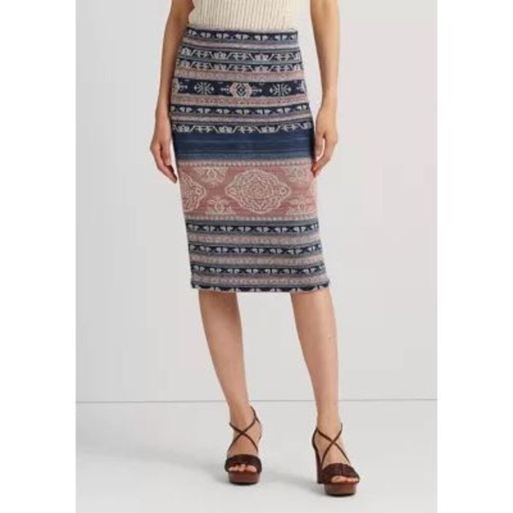 Lauren Ralph Lauren Geo Motif Linen Cotton Pencil Skirt Petite XS Elastic Knit